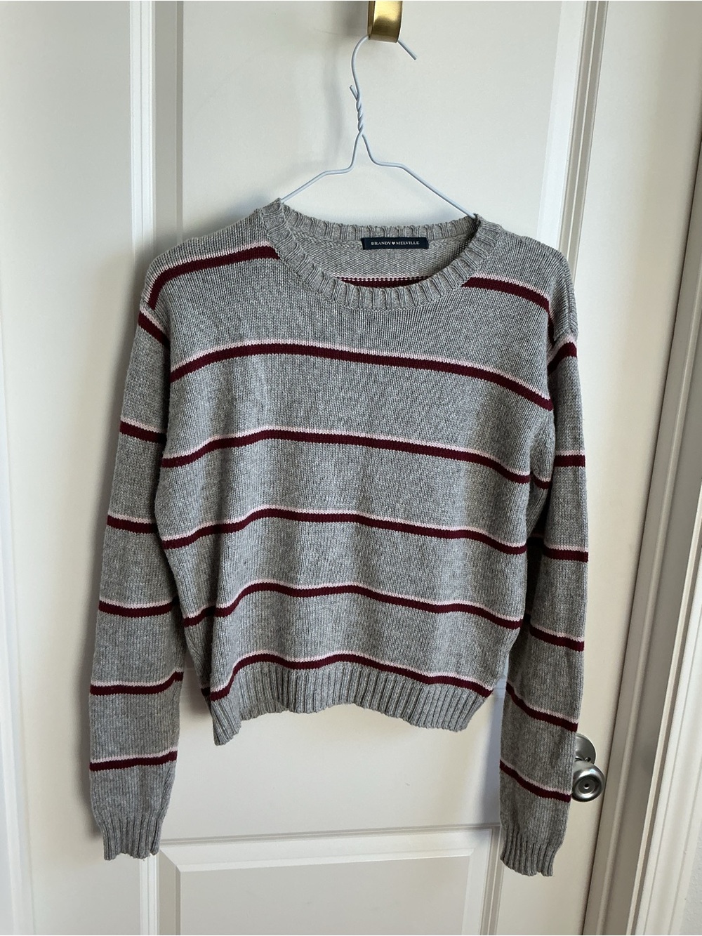 Brandy Melville Grey Crewneck Sweater with Burgundy Stripes